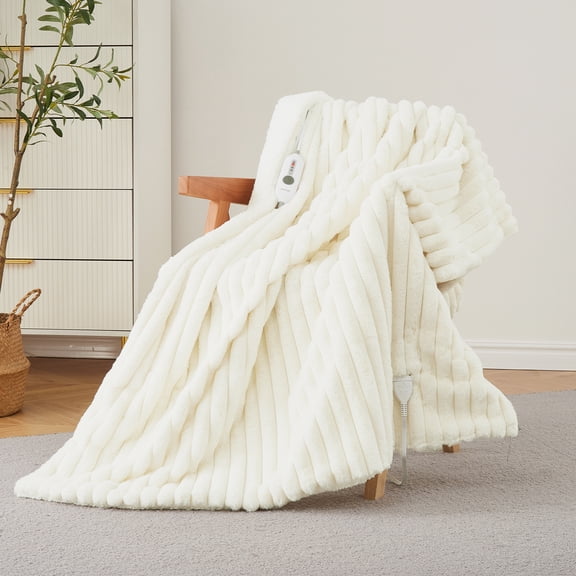 JoanKaren Heated Blanket Electric Throw,50"x60" Cozy Faux Rabbit Fur Heating Blanket,4 Heat Settings,Over-Heat Protection,Milky White