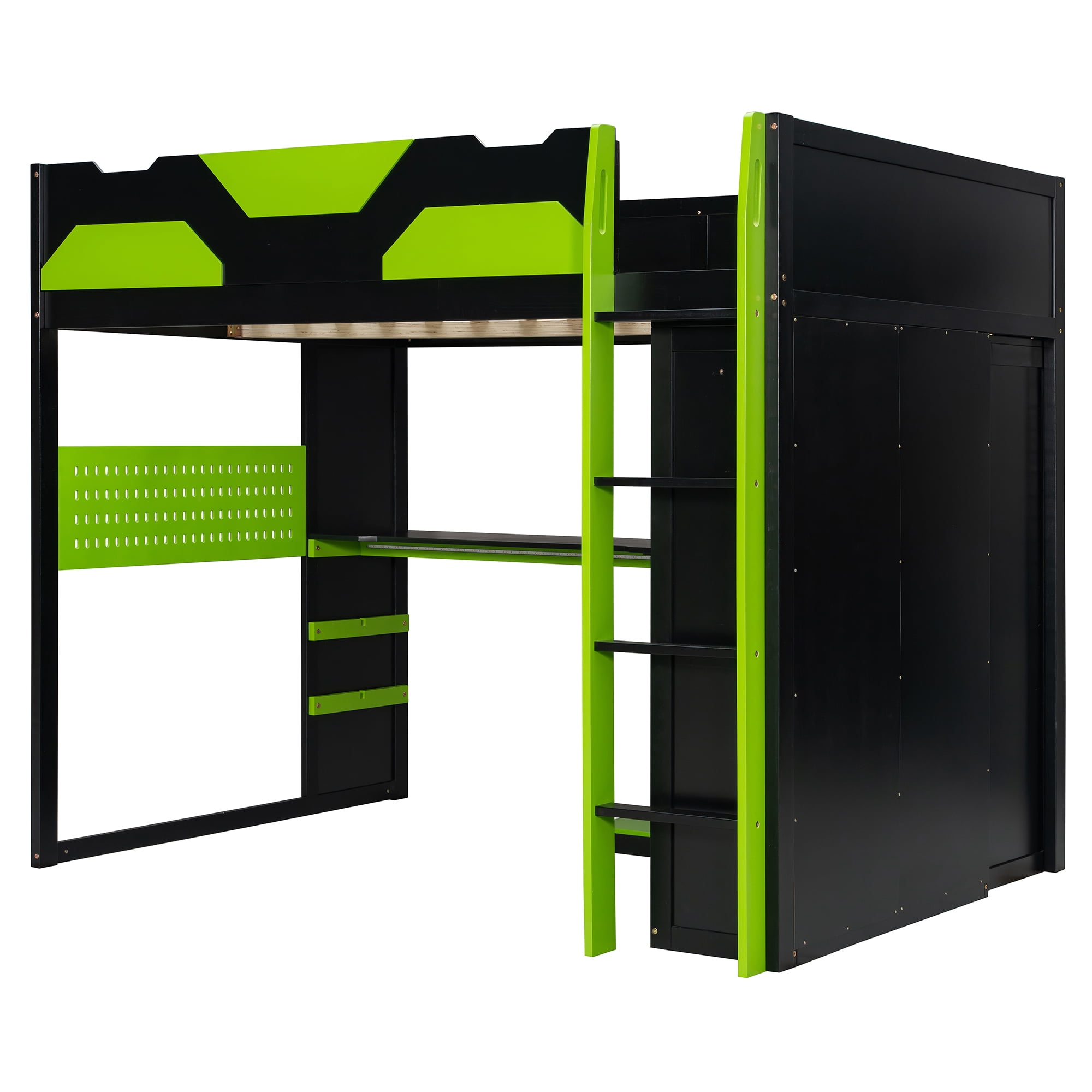 Mintazer Full Gaming Loft Bed with Adjustable Desk & Wardrobe, Modern Loft Bed with RGB Lights & Storage Pegboard, Black & Green