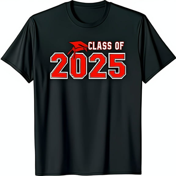 Black Graduation T-Shirt with Red Graduation & Class of 2025 Design