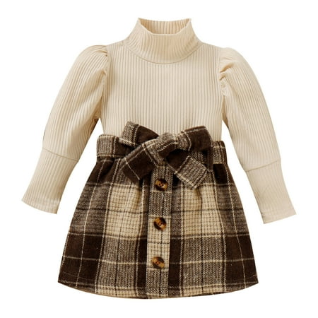 

Cute Clothes Suits Toddler Girls Long Sleeve Ribbed Knitted Turtleneck T Shirt Tops Plaid Prints Bow Tie Skirt Outfits