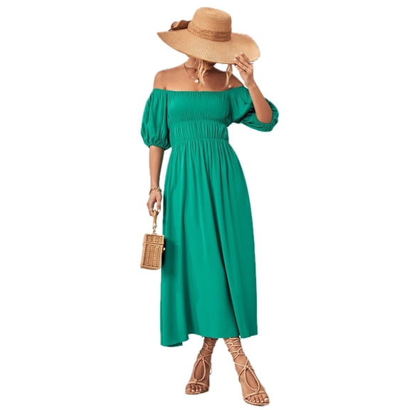Women's Off Shoulder Balloon Sleeve Midi Dress with Puff Sleeves Ninety Five Percent Polyester Five Percent Spandex