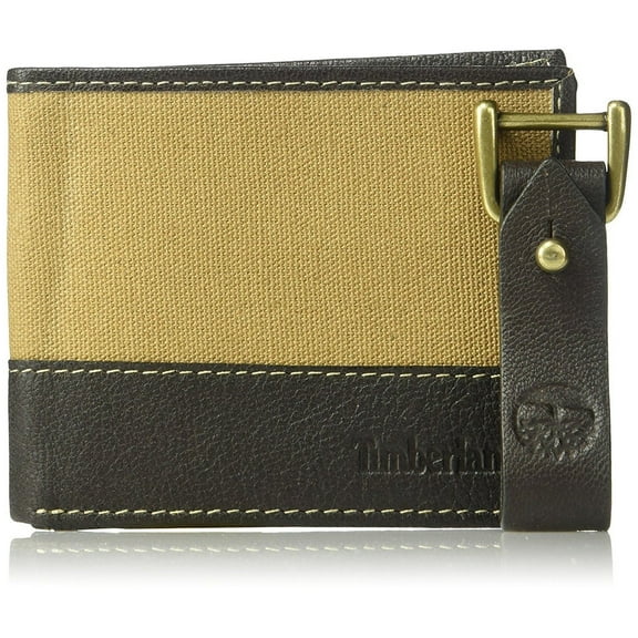 Timberland Mens Canvas and Leather Bifold Wallet with Leather Key Fob Gift Set