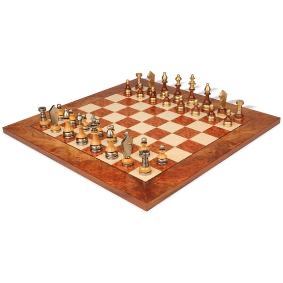 Silhouette Knight Brass & Wood Chess Set with Elm Burl Chess Board