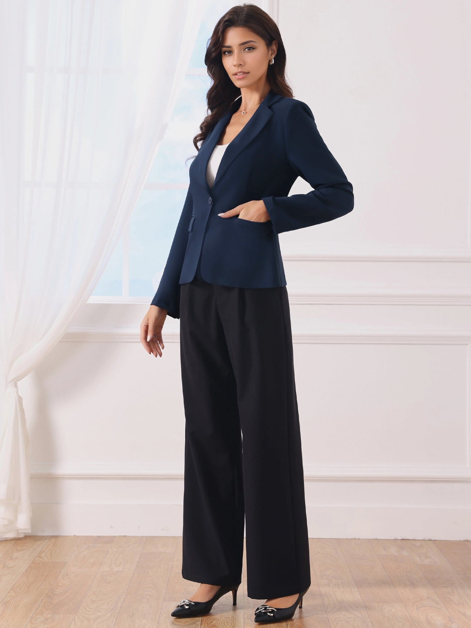 DARING DIVA Women's Lapel Collar Long Sleeve Suit Blazer Jacket L Navy Blue