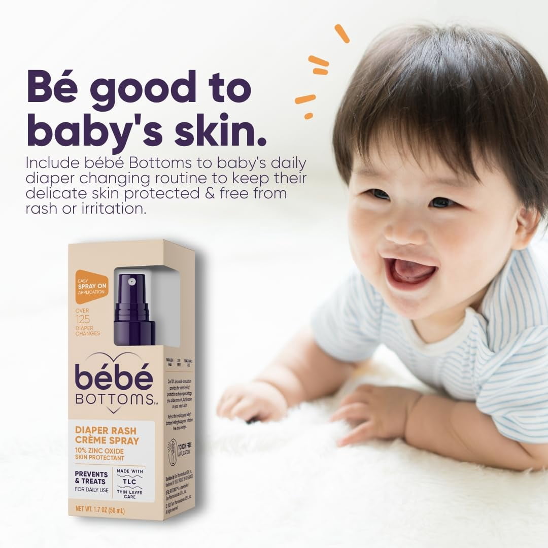 (4 pack) Bébé Bottoms Diaper Rash Cream Spray - Paraben, Dye & Fragrance Free, No-Rub Touch Free Application for Sensitive Skin - Quick Relief & Comfort (100 ml)