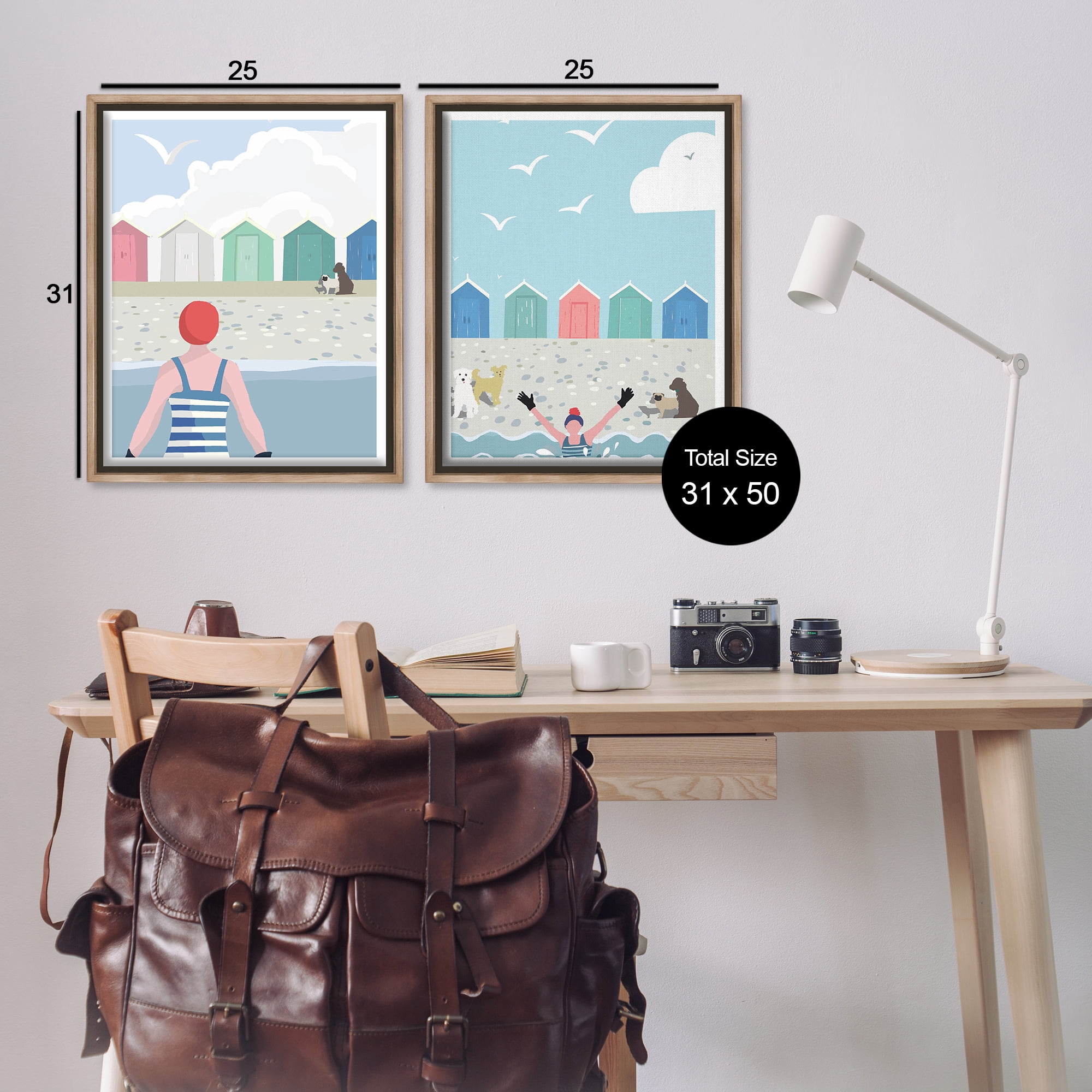 Stupell Industries Beach Changing Huts Dogs Nautical & Beach Painting Brown Floater Framed Canvas Art Print Wall Art, 31 x 25, Set of 2