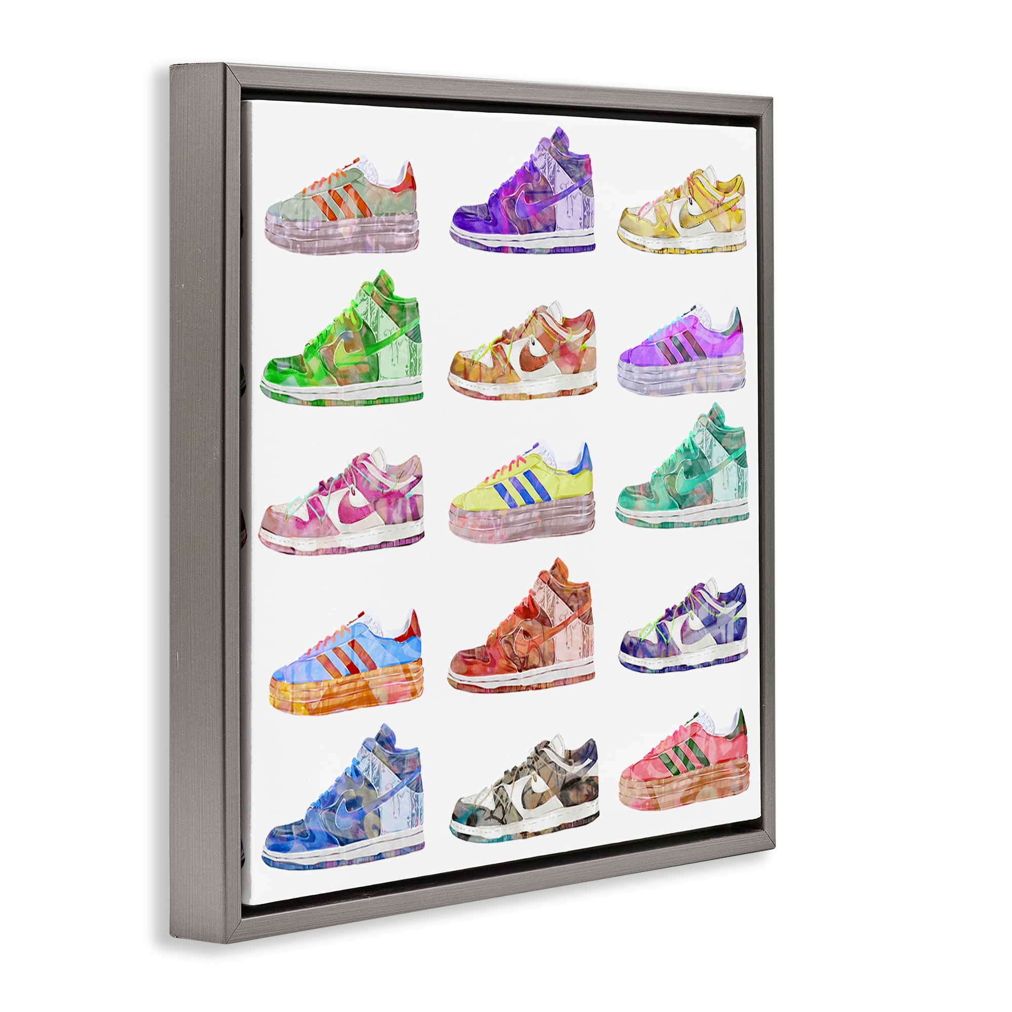 Stupell Industries Modern Sneakers Array Fashion Painting Gray Floater Framed Canvas Art Print Wall Art, 18 x 18
