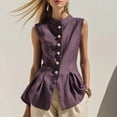 thumbnail image 2 of Vests for Women Stand Collar Waist Pleated Linen Blend Vest with Button Front Trendy Office Summer Waistcoat Purple XL, 2 of 8