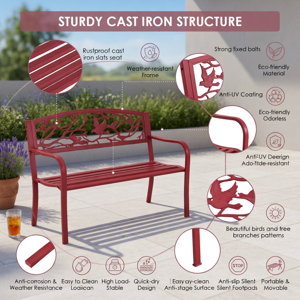 Hommoo Steel & Cast Iron Outdoor Garden Bench for Patio, Yard, Deck or Park, with Ergonomic Backrest and Armrests, Red