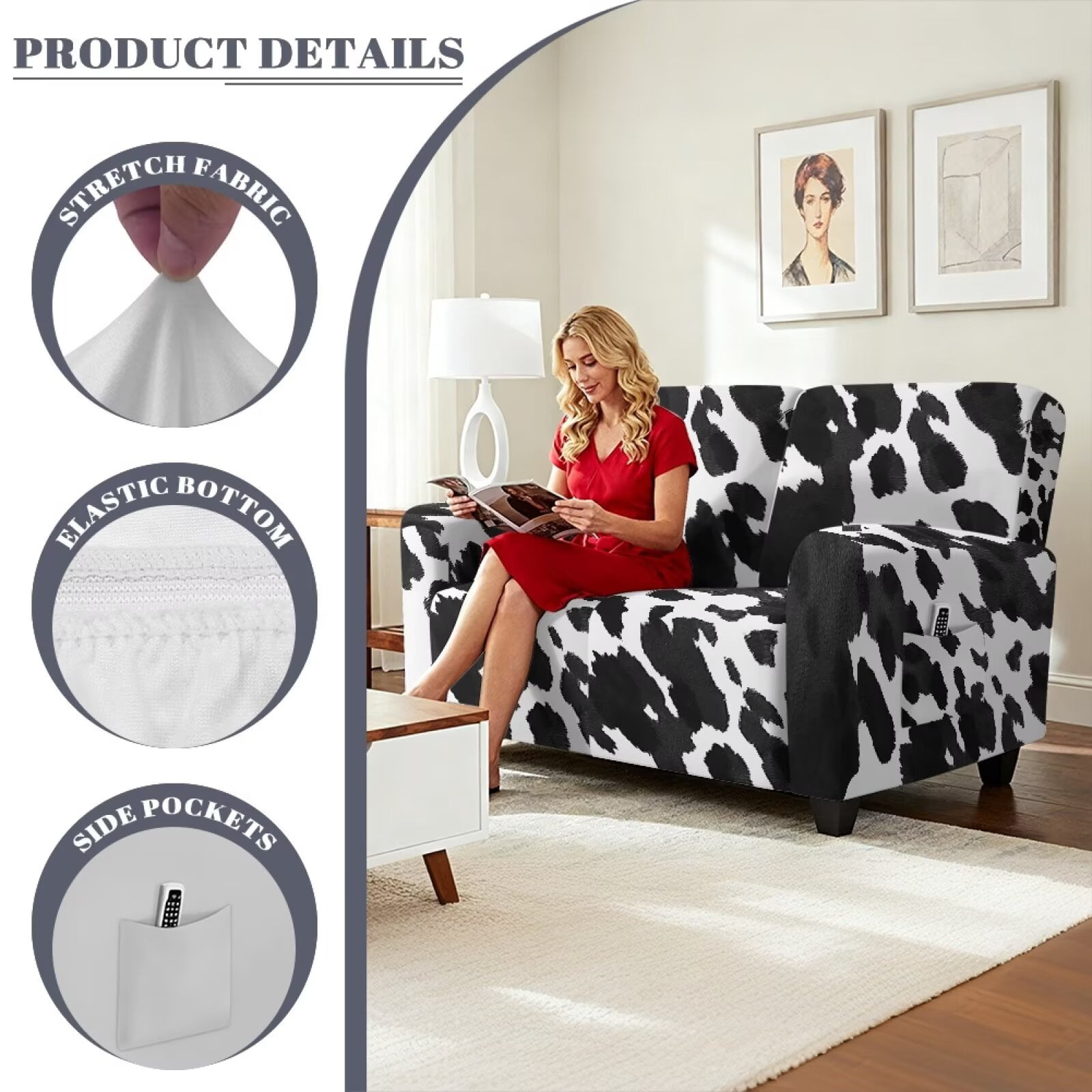 Yuyamidu Cow Print Recliner Loveseat Covers for Living Room Washable Recliner Loveseat Slipcover with Elastic Edge Breathable Reclining Couch Covers Gift for Friends