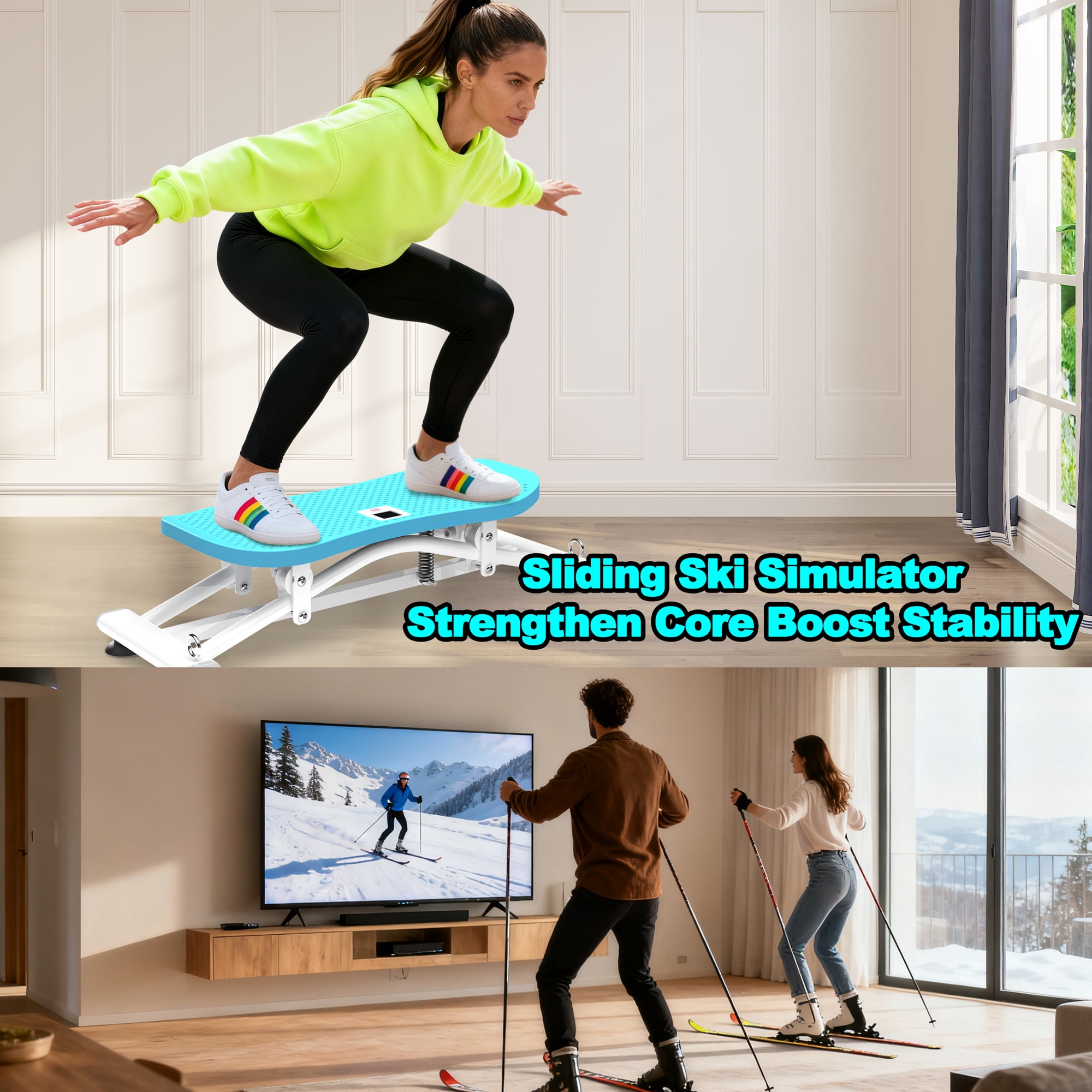 Ski Simulator, Indoor Skiing Machine, Sliding Fitness Trainer with Resistance Bands, Detachable Bands, Non-Slip Base, 300 Lbs Capacity, for Core Leg Arm Workout, Full-Body Cardio at Home Gym, Blue