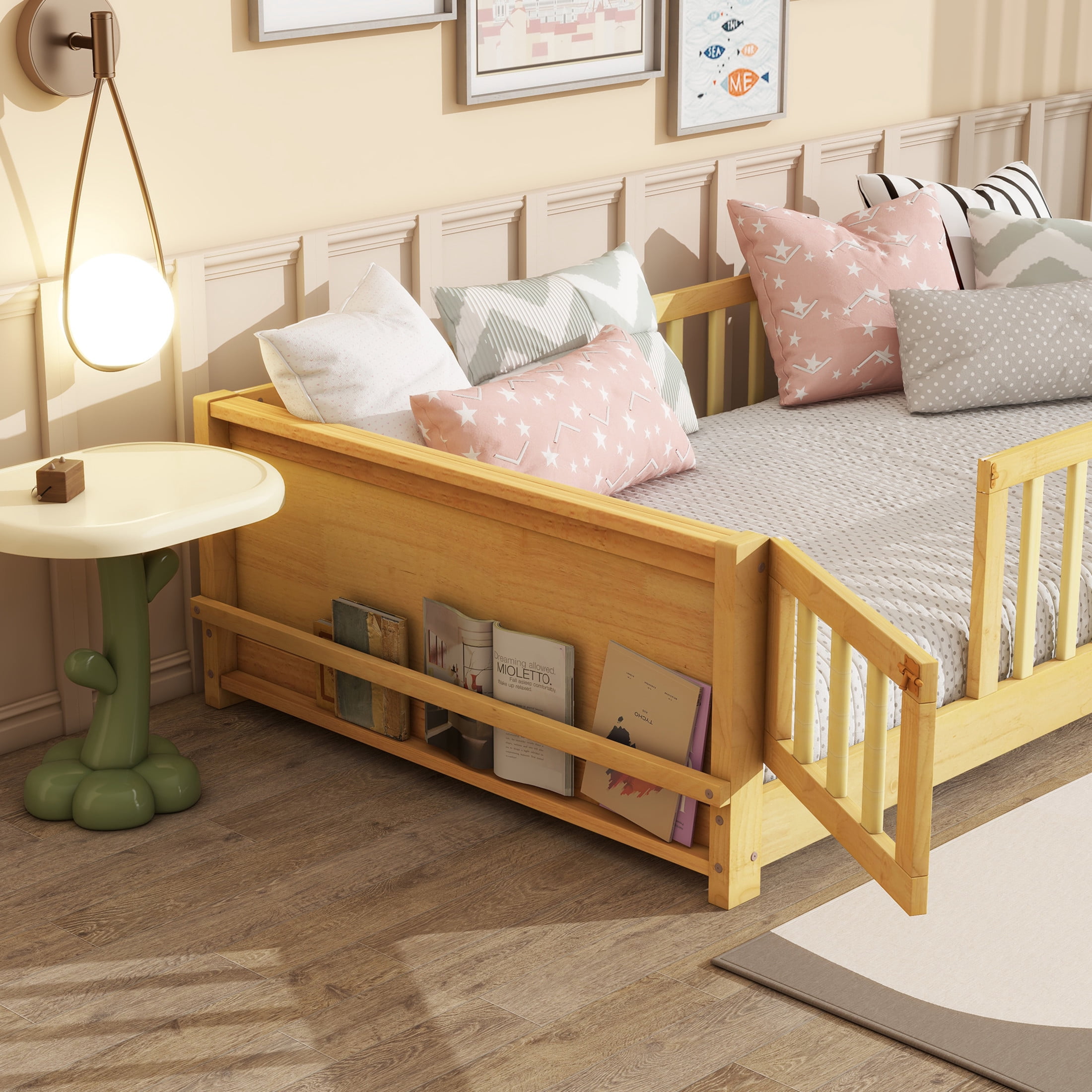 Noble House Devon Twin Floor Bed with Built-in Book Rack and Door, Sturdy Rubber Wood Montessori Bed with Fence, Natural