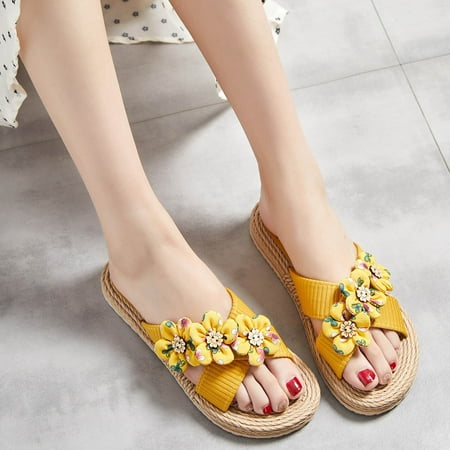 

Josdec Womens Shoes Clearance Summer Flip-flops Woven Flowers Solid Color Flat Beach Sandals
