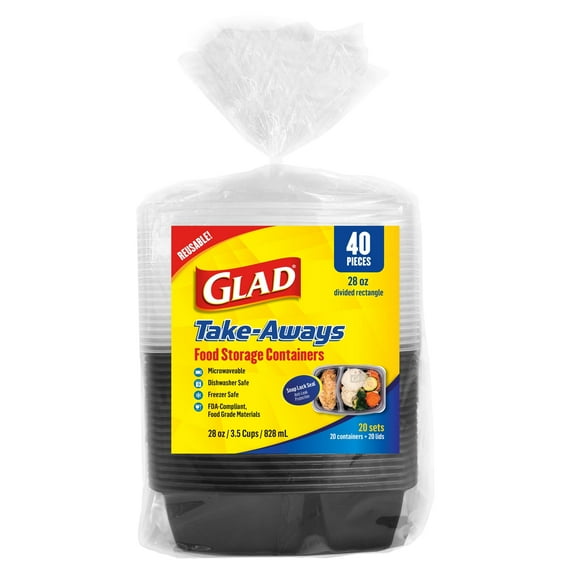 Glad Take-Aways Food Storage Containers, 28oz Divided Rectangle, 40 piece