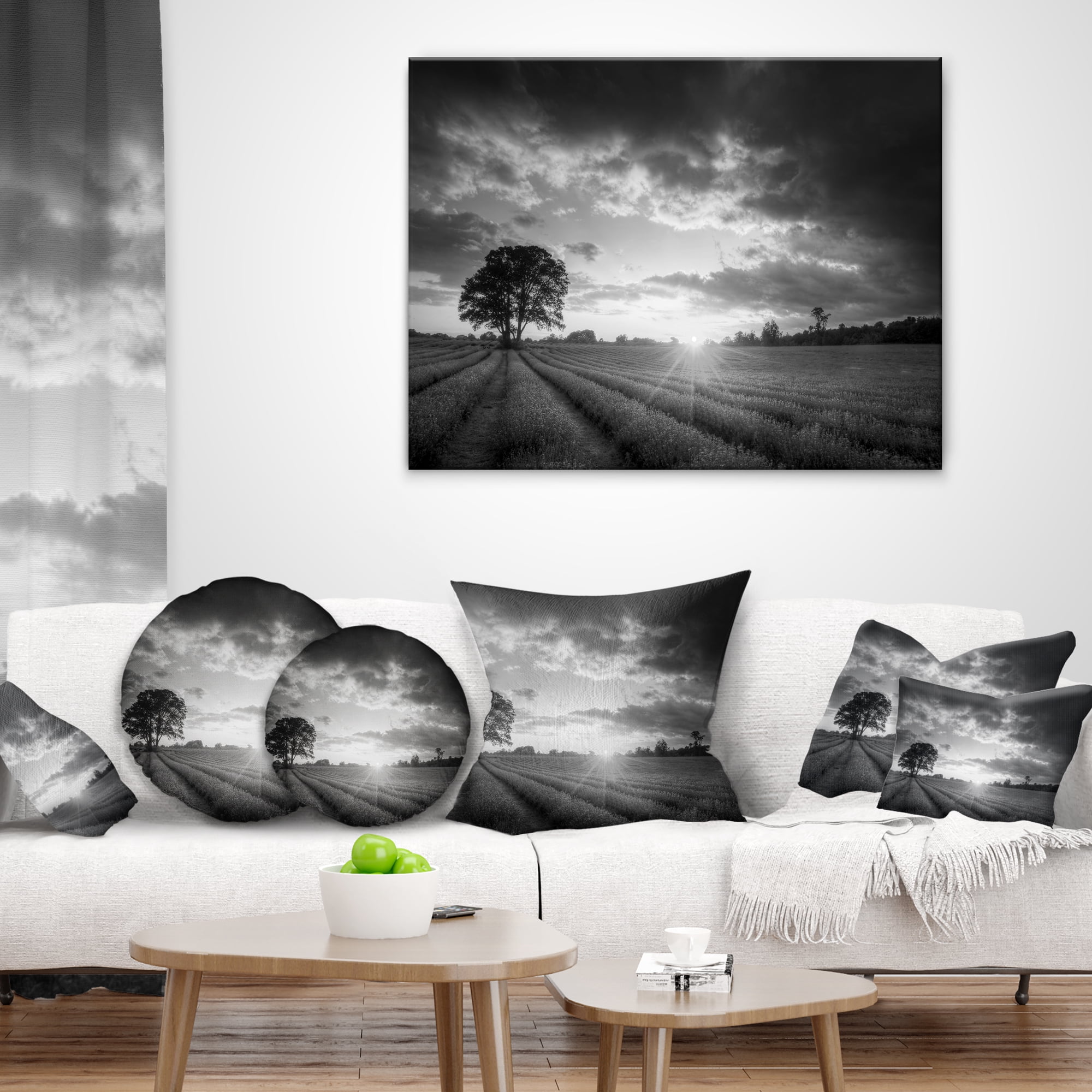 Designart Vibrant Black White Lavender Field - Landscape Printed Throw Pillow - 18x18