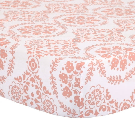 Medallion Sheets The Peanut Shell Baby Crib Fitted Sheet - Coral Pink Floral Medallion Print - 100% Cotton Sateen, Fits Standard 52 by 28 Inch Mattress ()