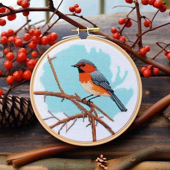 Robins Bird on Tree DIY Stamped Cross Stitch Kits for Beginners Easy with Hoop 11CT Needlepoint Embroidery Counted Cross Stitch Kits Art Craft Wall Decoration 30x30cm(1)