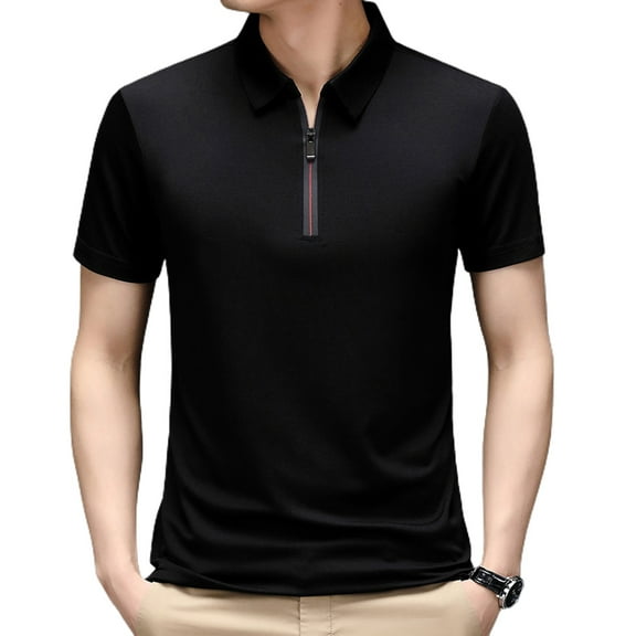 SWSMCLT Men's Soft Shirt Zip Up Polo T Shirt Business Casual Short Sleeve Fashion Summer Cool Work Basic Thin Black Medium