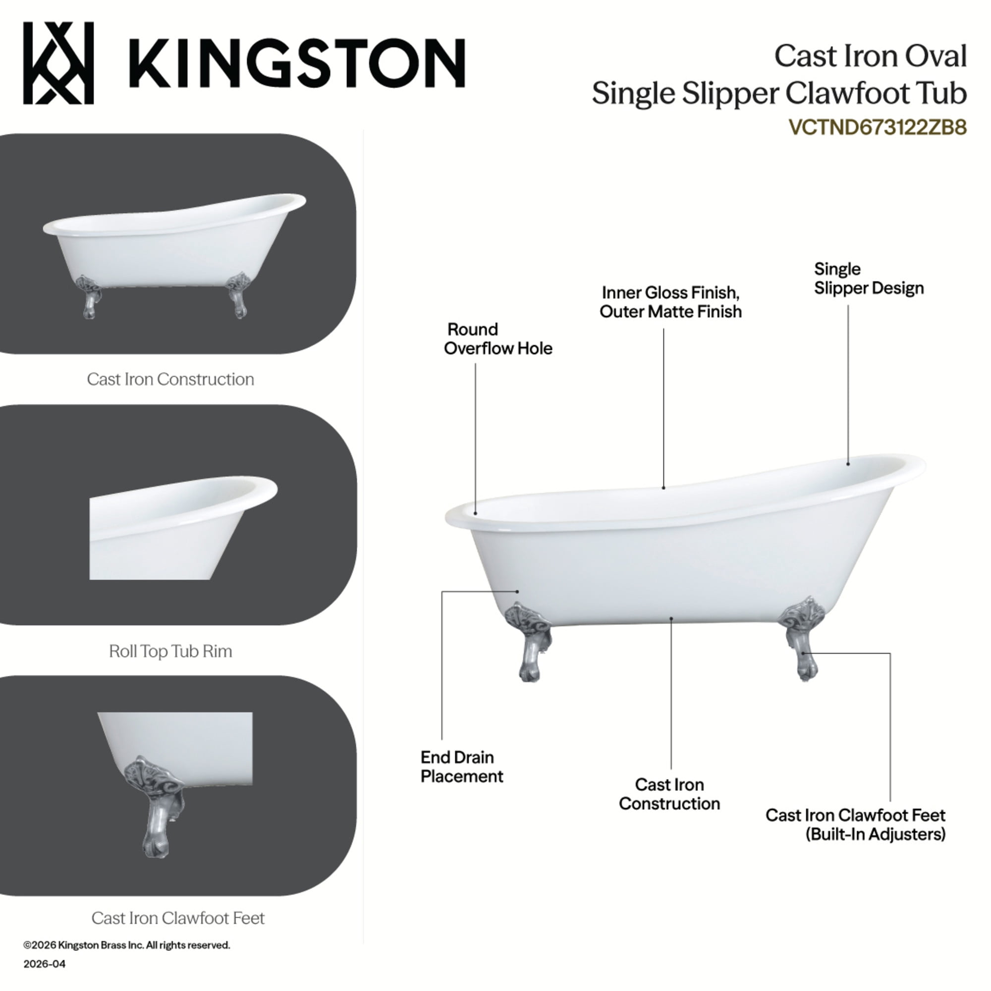 Aqua Eden VCTND673122ZB0 67-Inch Cast Iron Oval Single Slipper Clawfoot Tub (No Faucet Drillings) in White/Matte Black