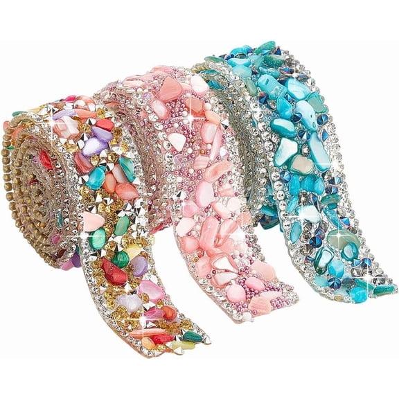 1.5 Yard 3 Colors Rhinestone Trim 2cm/0.7 Inch Hot Fix Ribbon Gem Stone Beaded Iron On Applique Embellishment