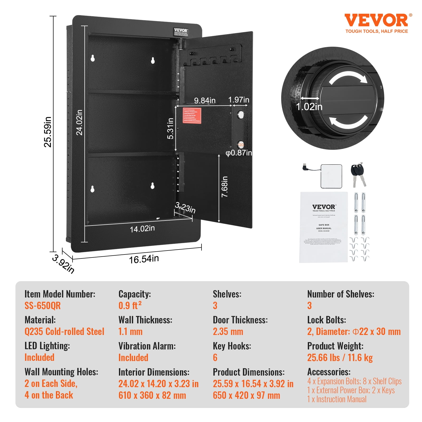 VEVOR 25.59" Tall Wall Safe,3-Tier Hidden Wall Safe with Keypad, 3 Removable Shelves & 6 Key Holders, Q235 Cold-Rolled Steel In Wall Safe with LED Light & Vibration Alarm for Money, Jewelry,Passport
