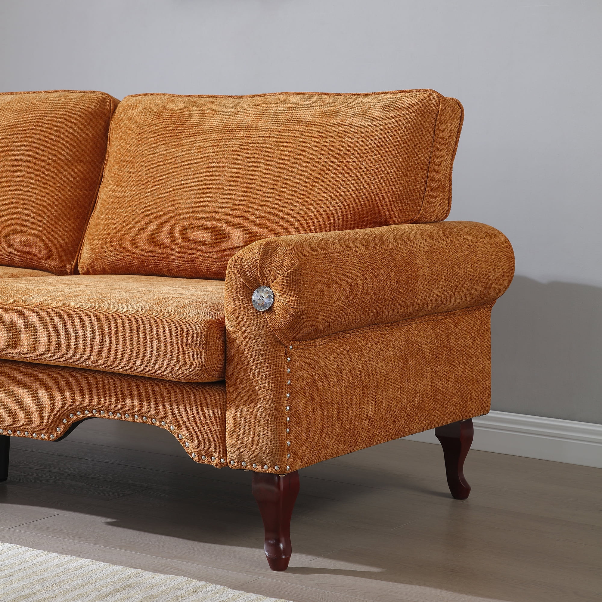 Aukfa 66" Small Sofa Deep Seat Couch with Crystal Button&Copper Nail, Roll Arm, Linen, Orange