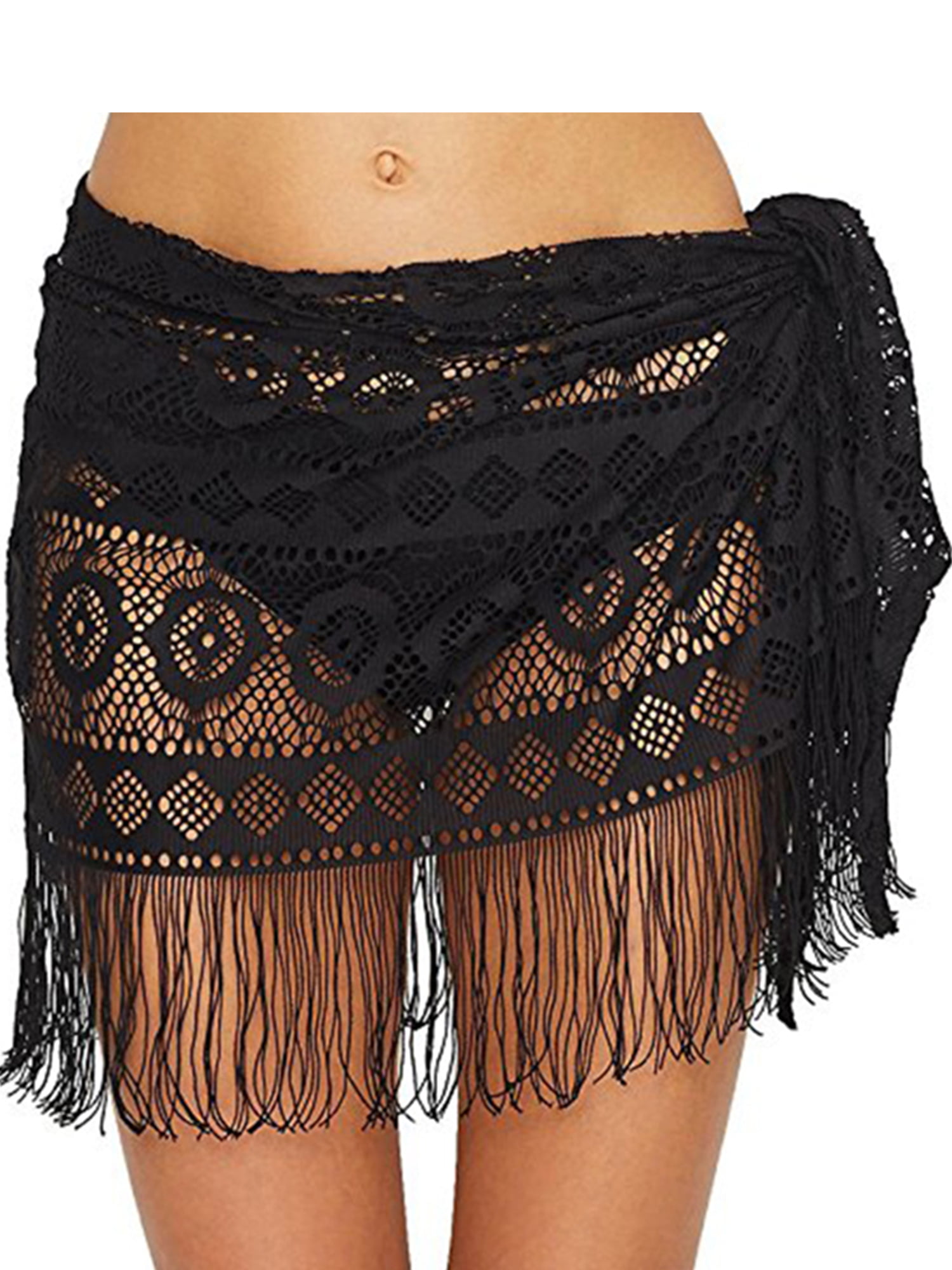 Sexy Dance Womens Beach Short Sarong Sheer Lace Crochet Cover Up Tassels Swimwear Wrap Summer