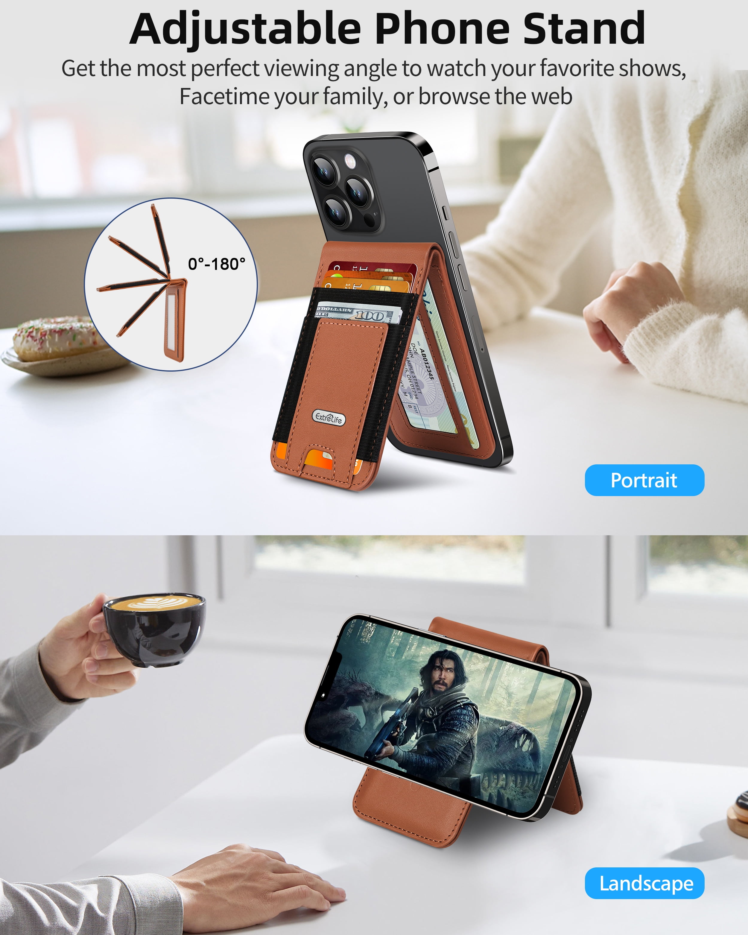 ExtreLife Magnetic Phone Wallet Stand, Magnetic Card Holder Compatible for iPhone 17/16/15/14/13/12 Series, Genuine Leather, RFID Blocking, Fits 9 Cards