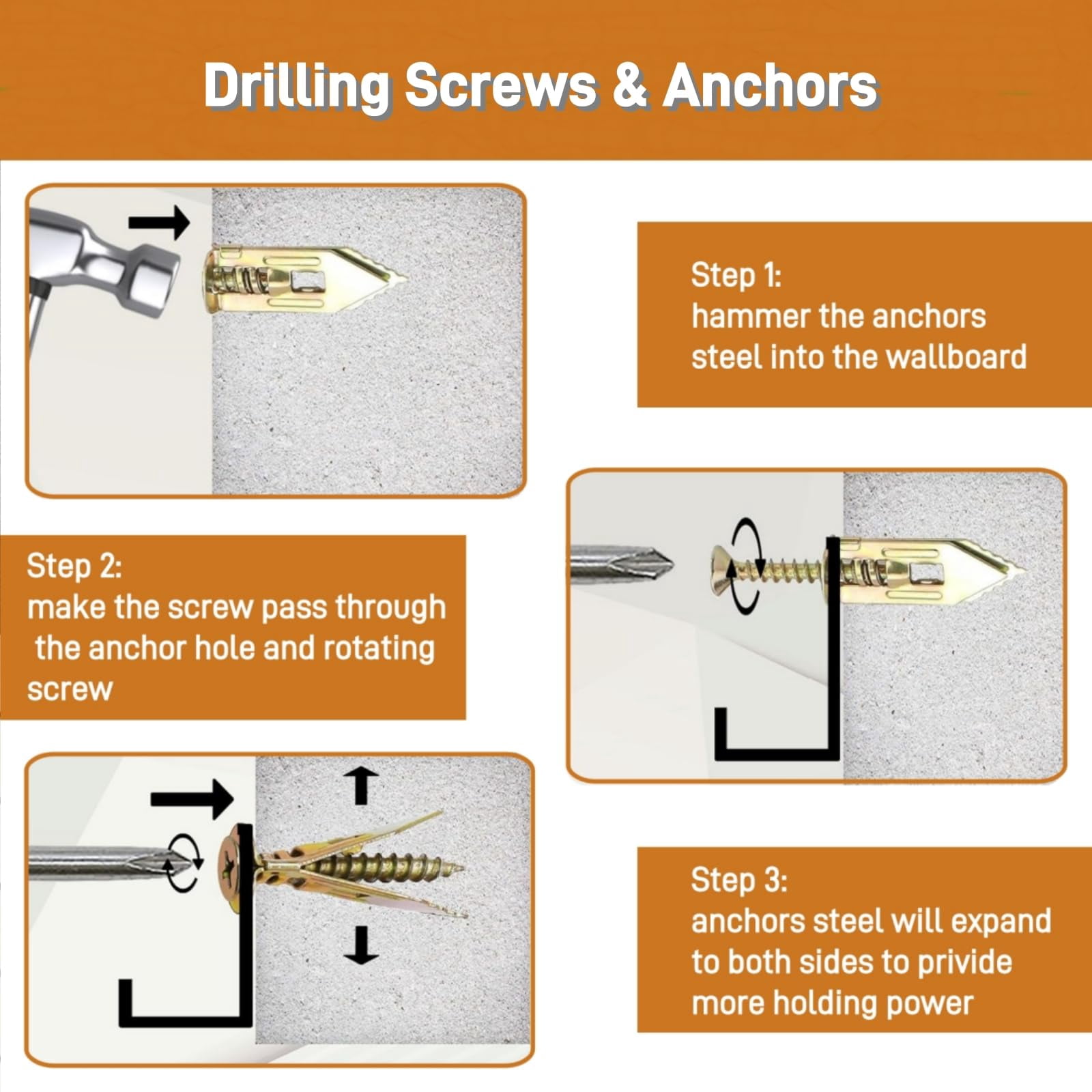 Self Drilling Drywall Anchors with Screws Kit, Premium Zinc Plated Steel Hollow Wall Anchors and Screws for Fixing TV, Cabinet, Curtains, 0.47“x1.57 Anchor & 0.31"x1.77" Screws (50pcs)