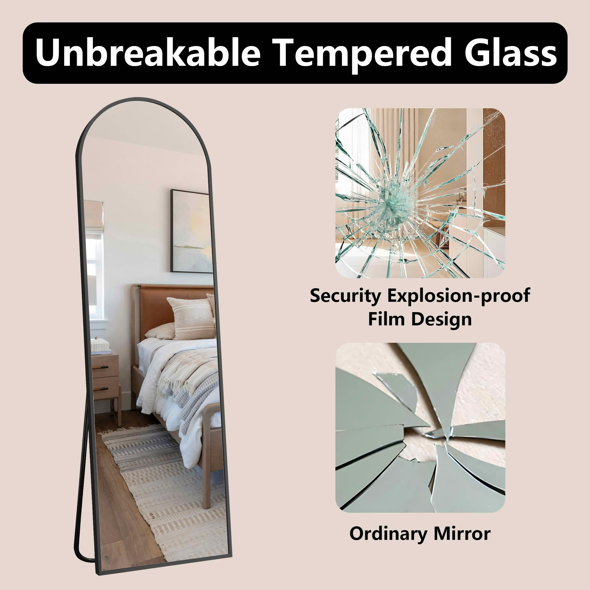 MAYEERTY 58"x18" Aluminum Arch Shape Full-Length Mirror, Tempered Glass With Stand, Black