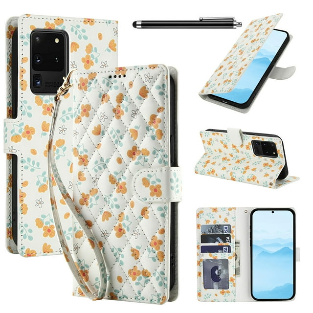 Wallet Case for Samsung Galaxy S20 Ultra, PU Leather Phone Cover Kickstand RFID Blocking Flip Case Card Slots Wrist Strap Relief Engraved Pattern Magnetic With Stylus Pen, Orange Flower