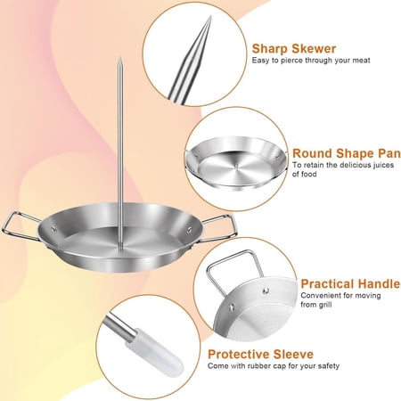 Skewer for Grill, Extra Large 13 Inch Gyro Pan with Fat Separator, Brazilian Spit Stand with 5 Spikes & 2 Brushes, Stainless Steel Vertical Sticks for Shawarma, Chicken on Smoker Oven