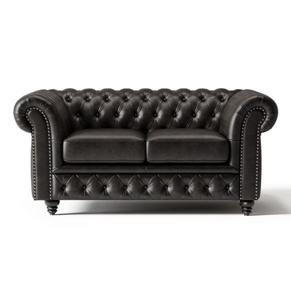 VALENCIA THEATER SEATING Parma 64' Full Aniline Leather Chesterfield Loveseat Sofa, Black