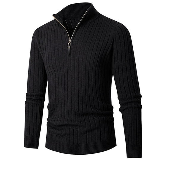 JTieacloth Pullover Casual Sweater Round Neck Half Zippered Men's Sweater Middle And Young Knitted Sweater Spring And Autumn Slim Fit Vertical Stripe Trend Bottom Sweater(Black)