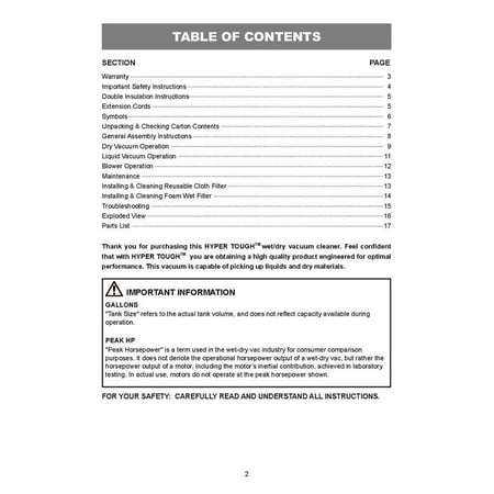 Hyper Tough 1.5 Gallon 2 Peak HP Poly Wet/Dry Vacuum, VH105 3502, New