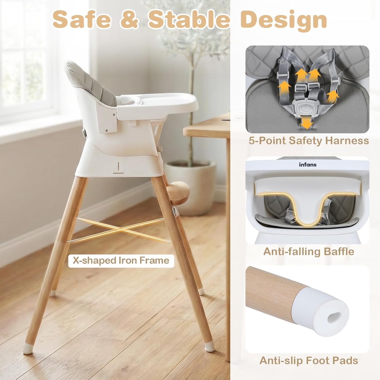 INFANS Baby High Chair, 6 in 1 Wooden Convertible Highchair for Babies and Toddlers, Infant Dining Booster Seat Kids Stool with Adjustable Removable Tray