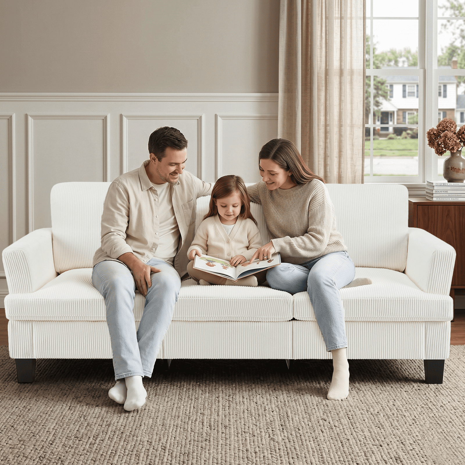 3 Seater Sofa, 84"W Corduroy Sofa with Extra Deep Seats, Modern Comfy Couch for Living Room, White