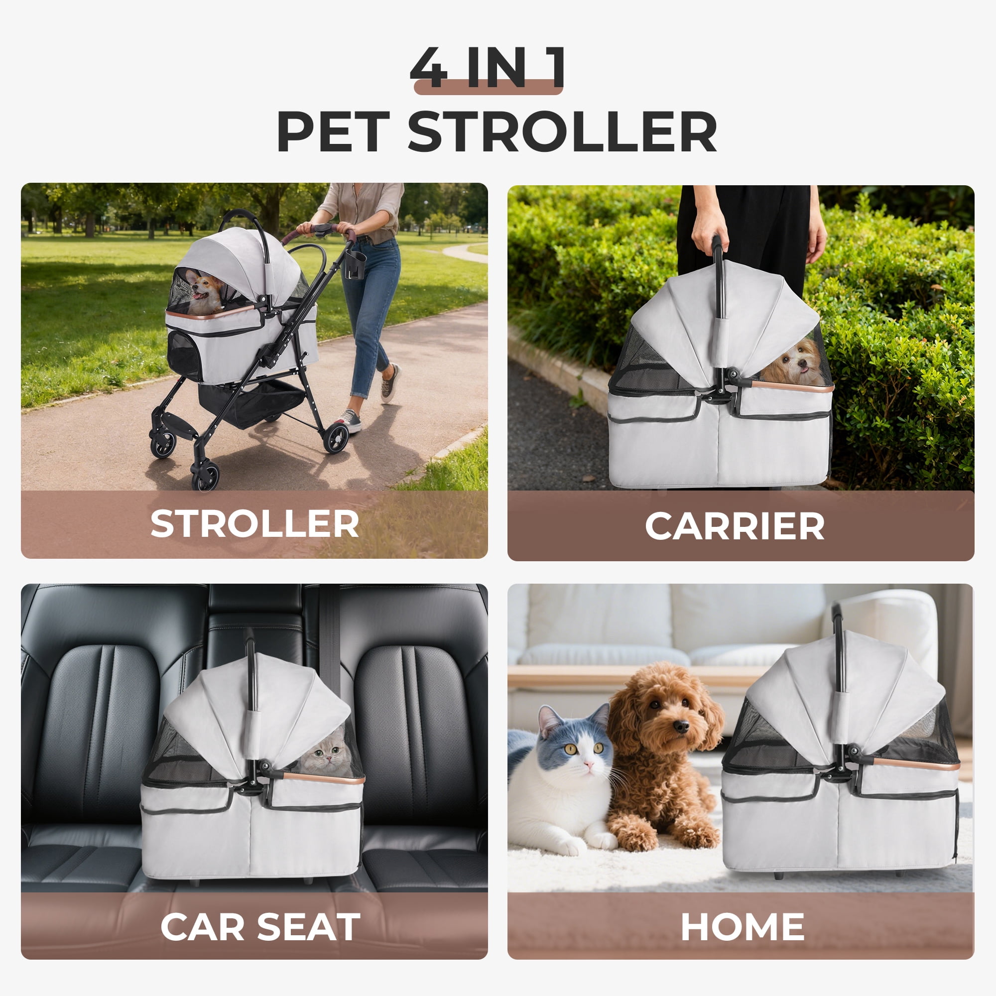 Foldable Pet Stroller with 360-Degree Rotating Wheels and Adjustable Canopy, Dog and Cat Travel Carrier with Storage Basket, Grey