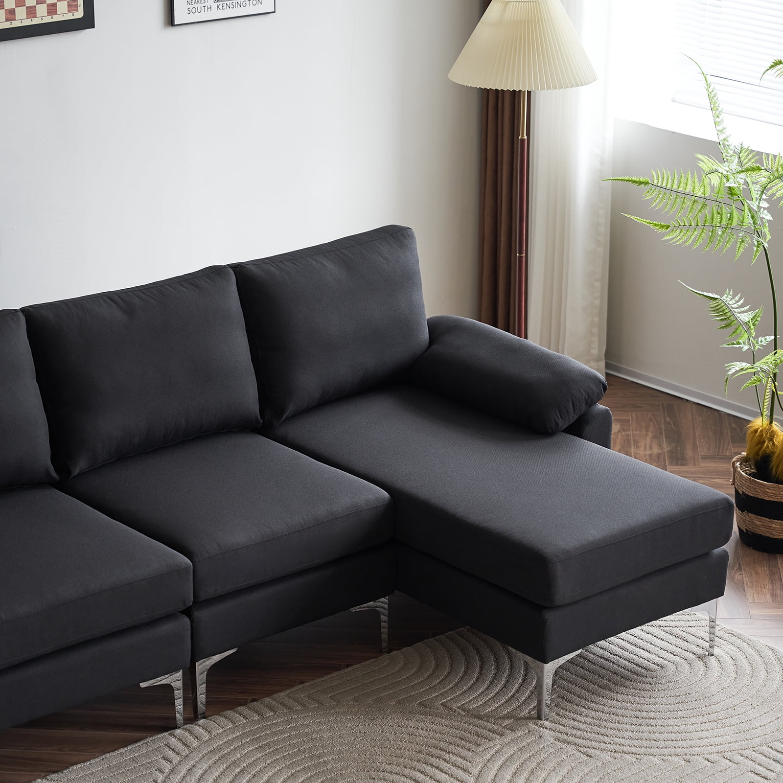 Ktaxon Sectional Sofa Set, L Shaped Linen Fabric Couch with Chaise Lounge, 4 Seats Sleeper for Living Room Black