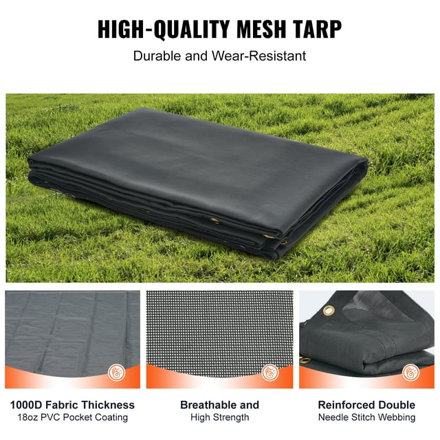 VEVOR Lona de malla para camión volquete, 7 x 18 pies, cubierta resistente negra recubierta de PVC con doble bolsillo de 5.5" 18 oz, ojales de latón, correas reforzadas con doble costura para sistema