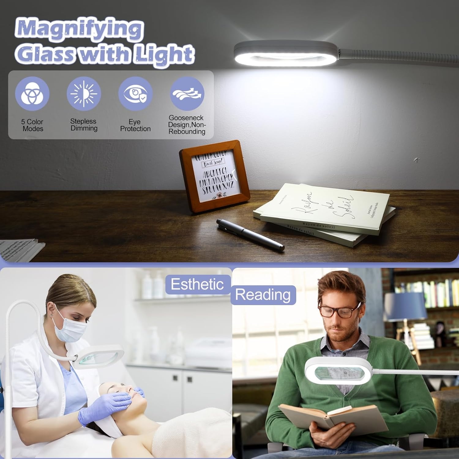 VISONHEART Rectangular Real Glass Magnifying Glass with Light and Stand, 24" Flexible Gooseneck Floor Lamp, 5 Color Modes Stepless Dimmable, 3-in-1 LED Lighted Magnifier Light for Reading Crafts