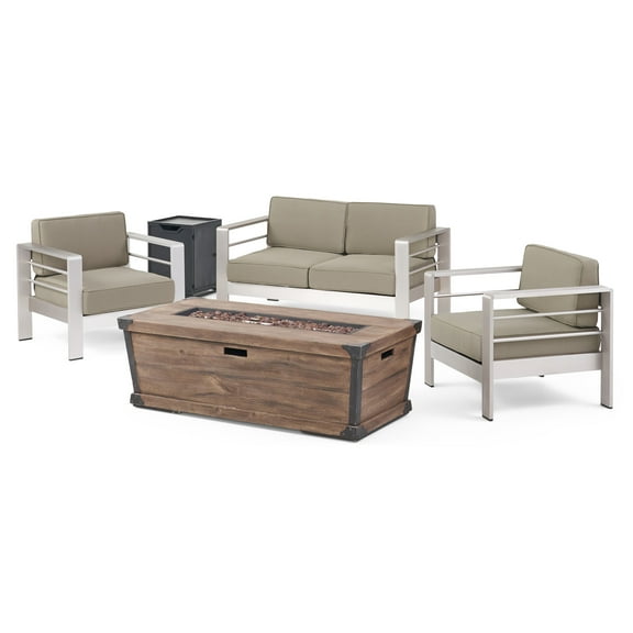 GDF Studio Cherie Outdoor 3 Piece Aluminum Chat Set with Fire Pit, Brown and Khaki