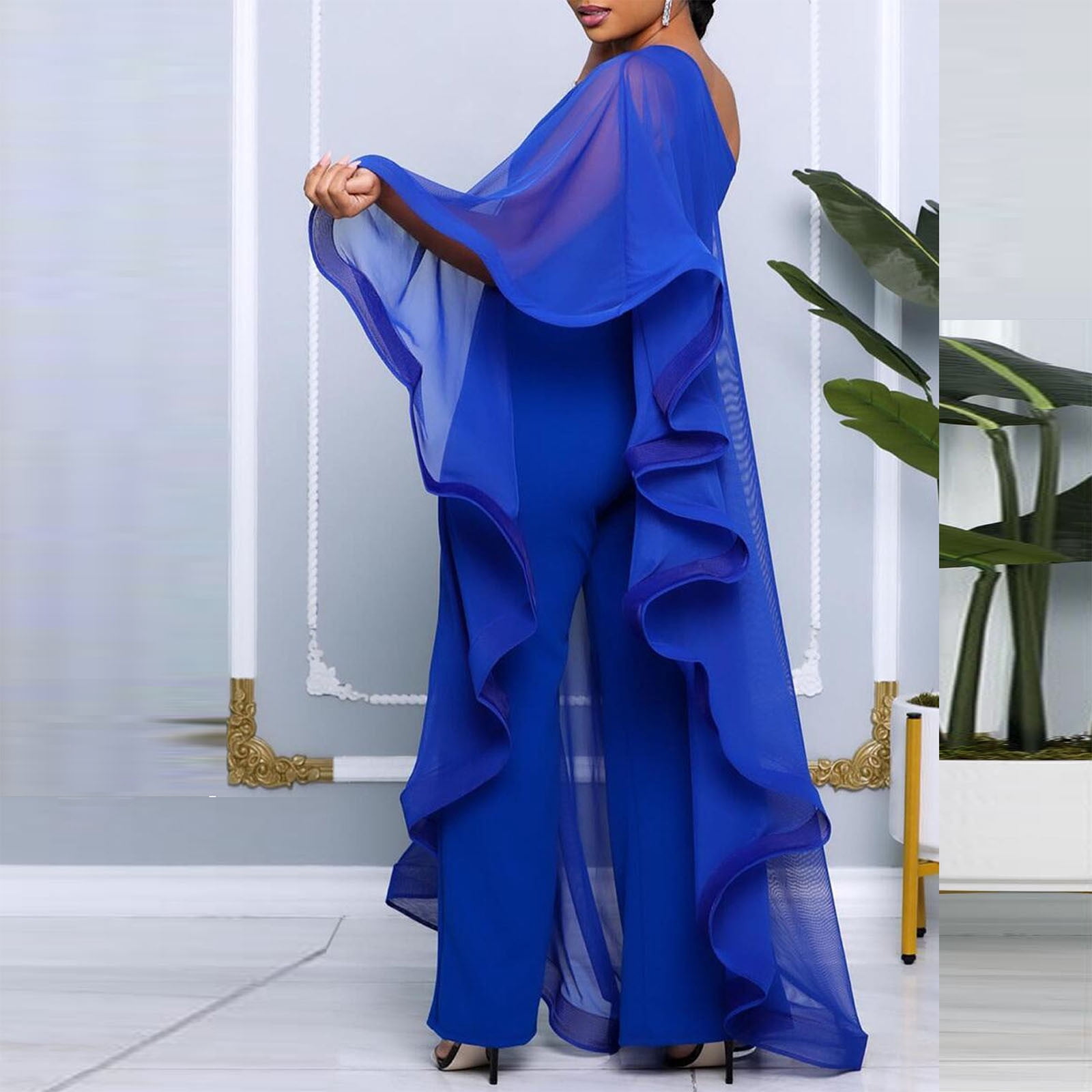 Jumpsuits for Women One Shoulder Evening Cocktail Semi Formal Maxi Dress Pants Travel Outfits Set S-111 Blue M