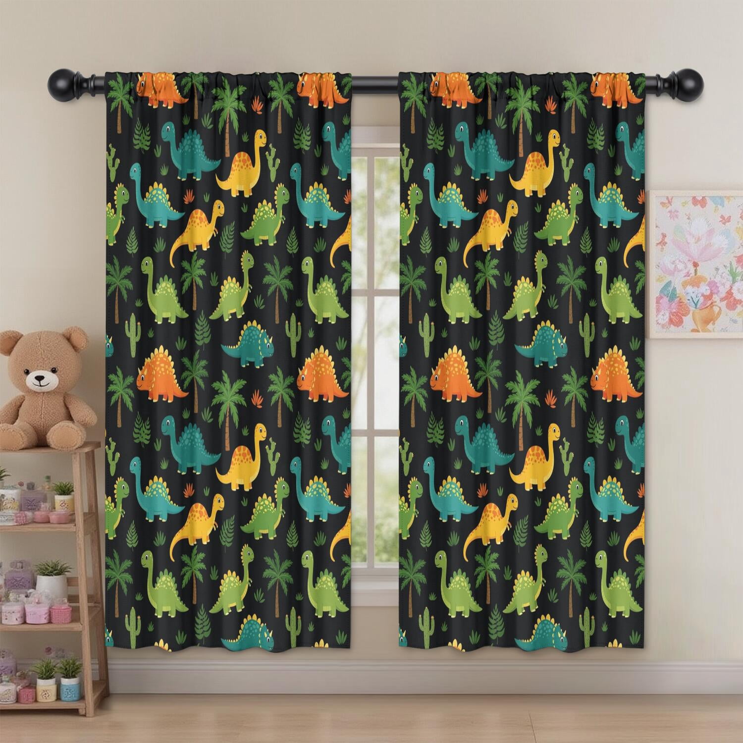 Blackout Kids Curtains,Black Colorful Dinosaurs Pattern Childrens Insulated Curtains Set Of 2,Bedroom Essentials,Toddler Room Decor 52"x63"