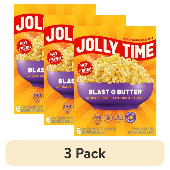 (3 pack) Jolly Time Blast O Butter Ultimate Theatre Style Microwave Popcorn, 3.2 oz, 6 pack.