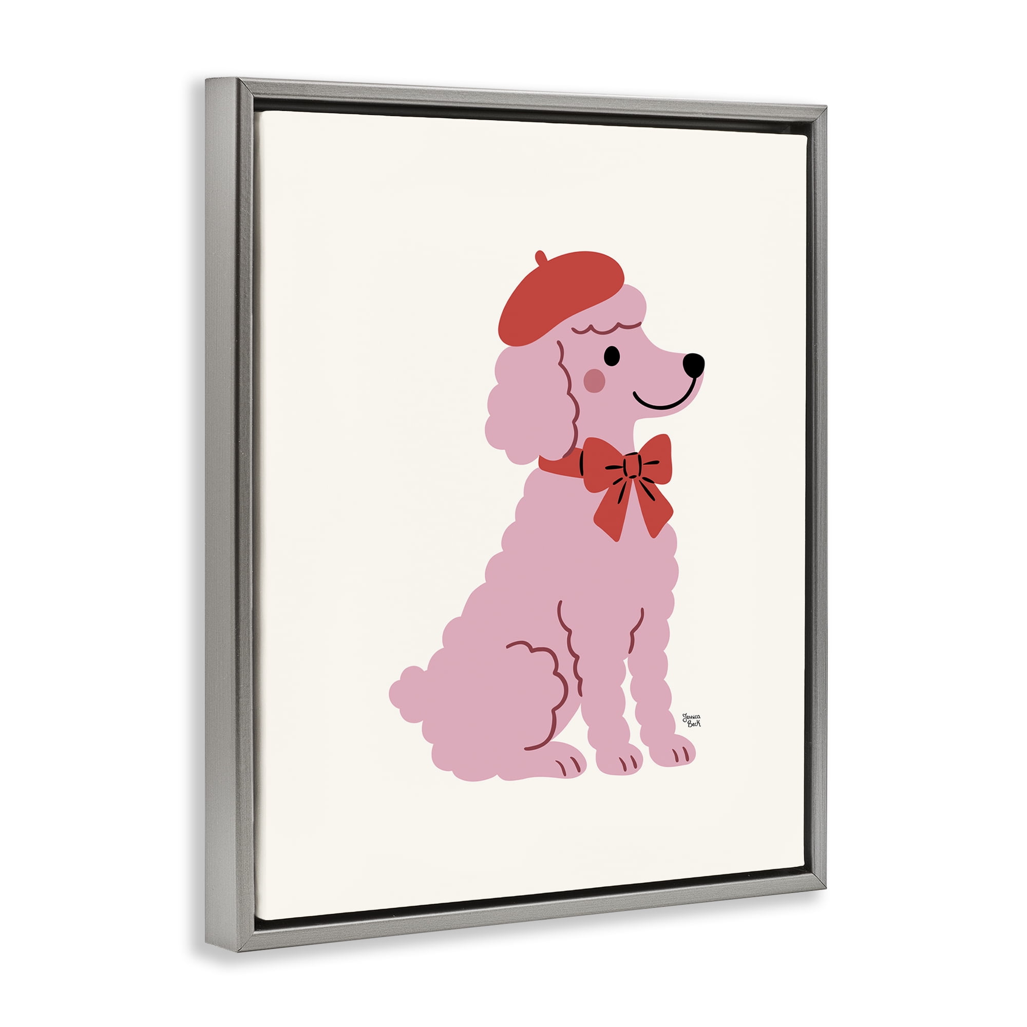 French Poodle in Beret Gray Framed Floater Canvas Wall Art, design by Jessica Beck