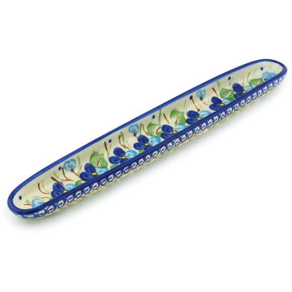 Polish Pottery 13-inch Olive Dish (Blue Pansy Theme) Hand Painted in Boleslawiec, Poland   Certificate of Authenticity