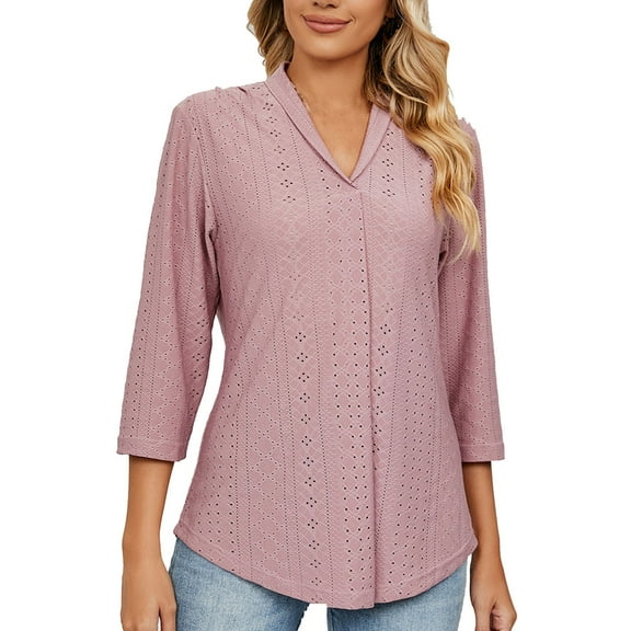 CZHJS Women's Casual Loose Elegant Eyelet Blouse 3/4 Sleeve Western Shirts Summer Tops Woman Tunic Lady Work Blouses Vintage Dressy Solid Color Pleated Collared V Neck Hot Pink XL