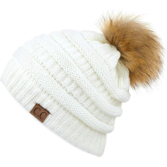 C.C Hatsandscarf Exclusives Unisex Solid Ribbed Beanie with Pom (HAT-43) Ivory