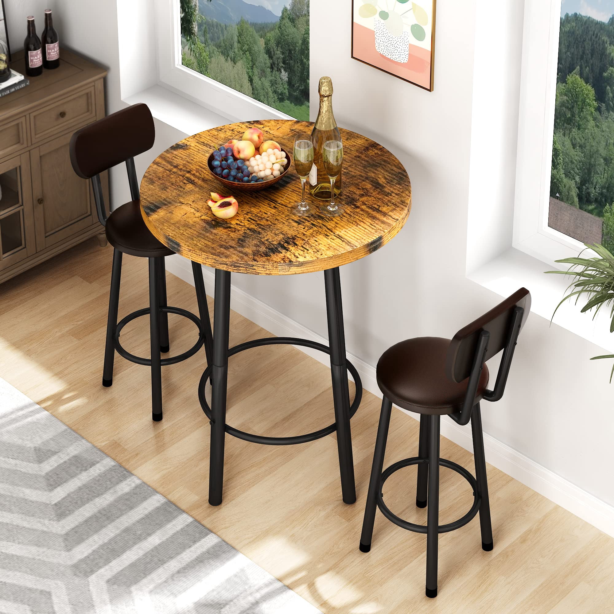 MOOSENG Bar Table Set of 2, Bistro Kitchen Table Sets with 2 PU Leather Bar Stools, Wood Pub Bar Table Set for Breakfast Nook Small Space Restaurant, Round Table